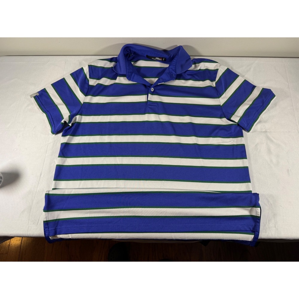RLX Ralph Lauren Mens Blue White Green Striped Wicking Golf Polo Shirt